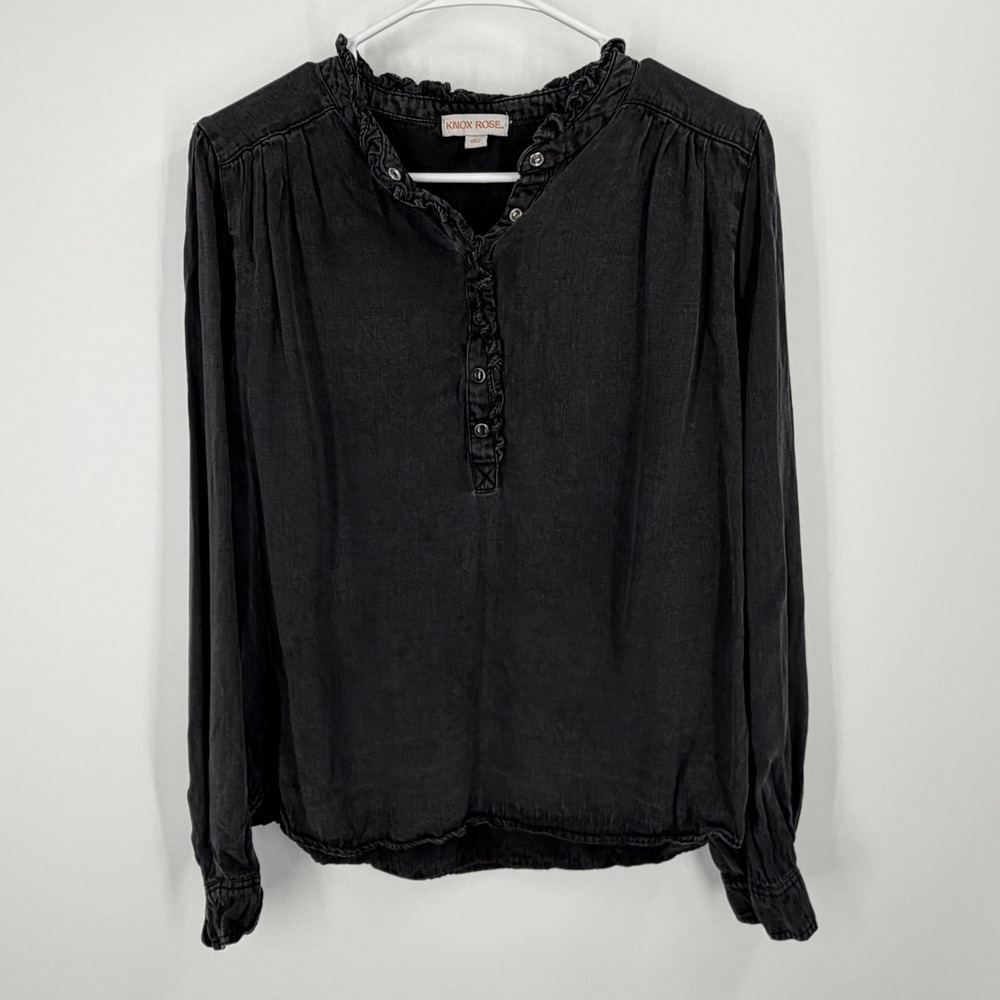 Knox Rose Blouse Women Medium Black Ruffle Henley Long Sleeve Lyocell